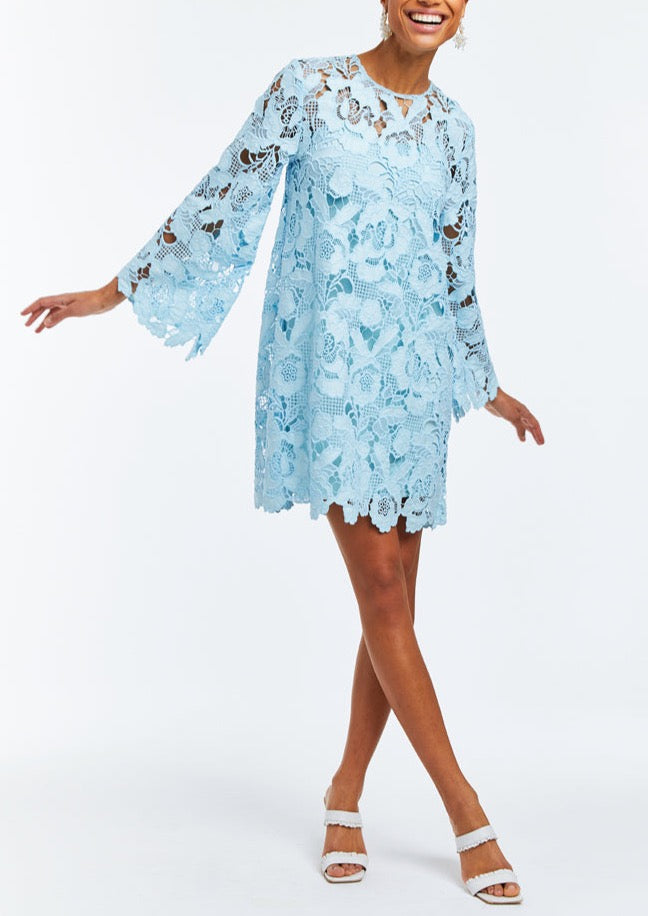 Laser-cut lace mini dress with scalloped hemline and full length bell sleeves.