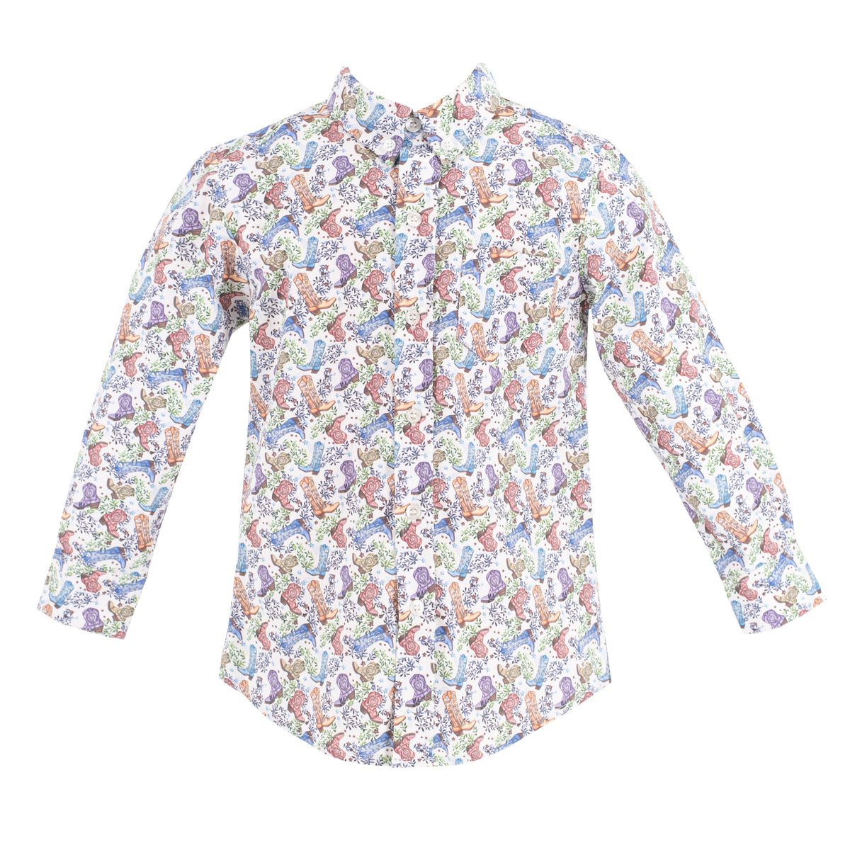Front view of Bates Boy button-down showcasing multicolor cowboy boot print on white background
