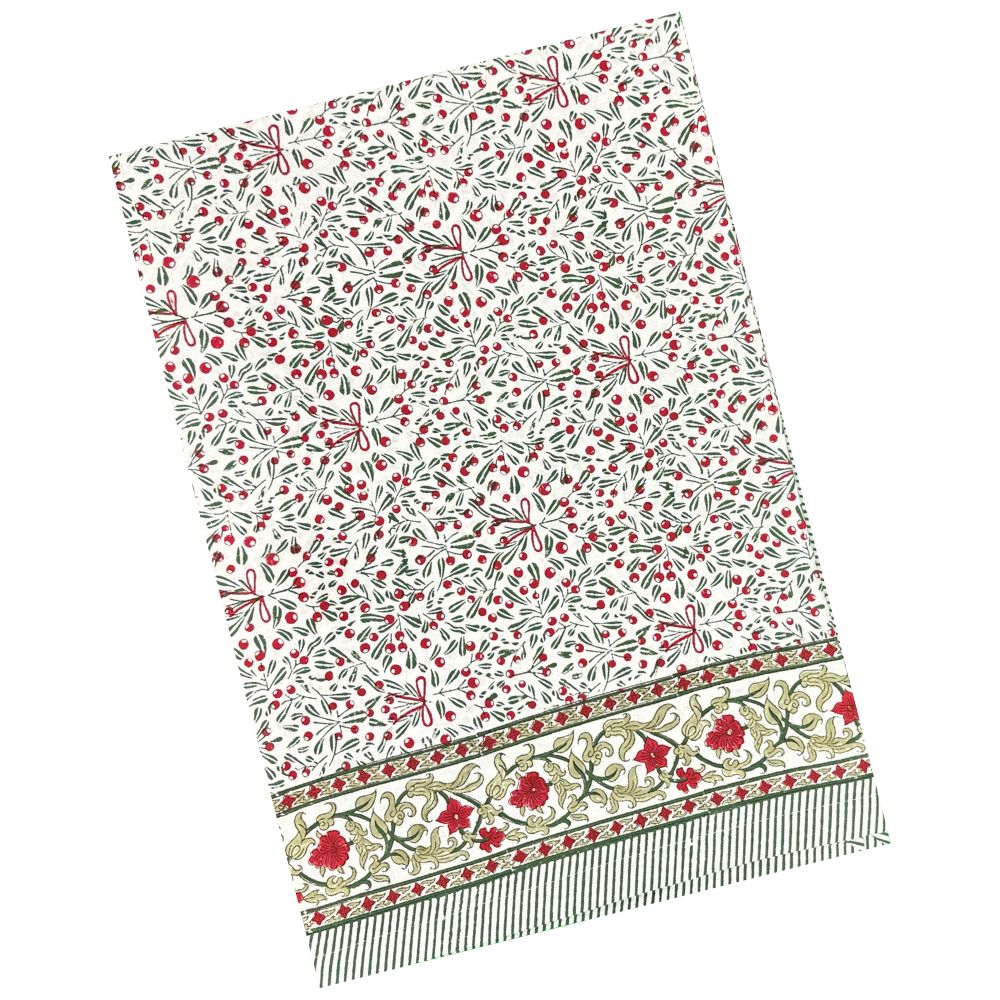 Angled flat-lay of Mistletoe Tablecloth with red berry mistletoe print and decorative floral border on white background