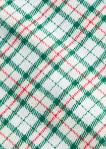 Little English traditional children's clothing. Green, red, and cream Mistletoe Tartan flannel fabric swatch