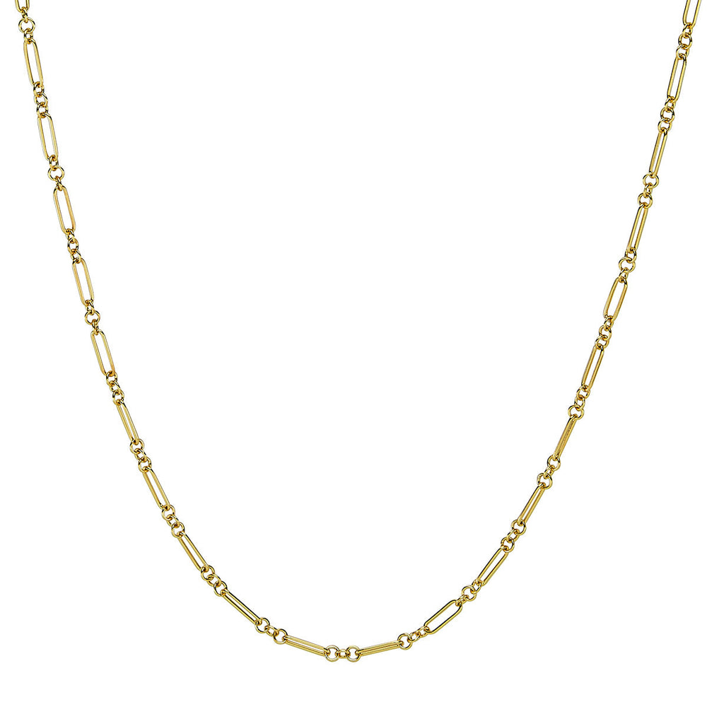 Front-facing view of Mixed Link Chain showcasing alternating elongated and round 14K gold-dipped links on white background
