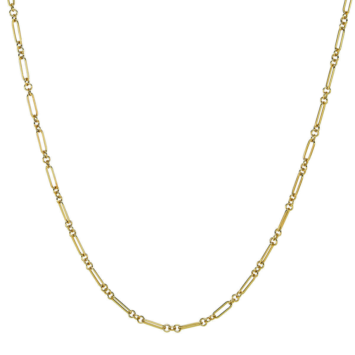 Front-facing view of Mixed Link Chain showcasing alternating elongated and round 14K gold-dipped links on white background