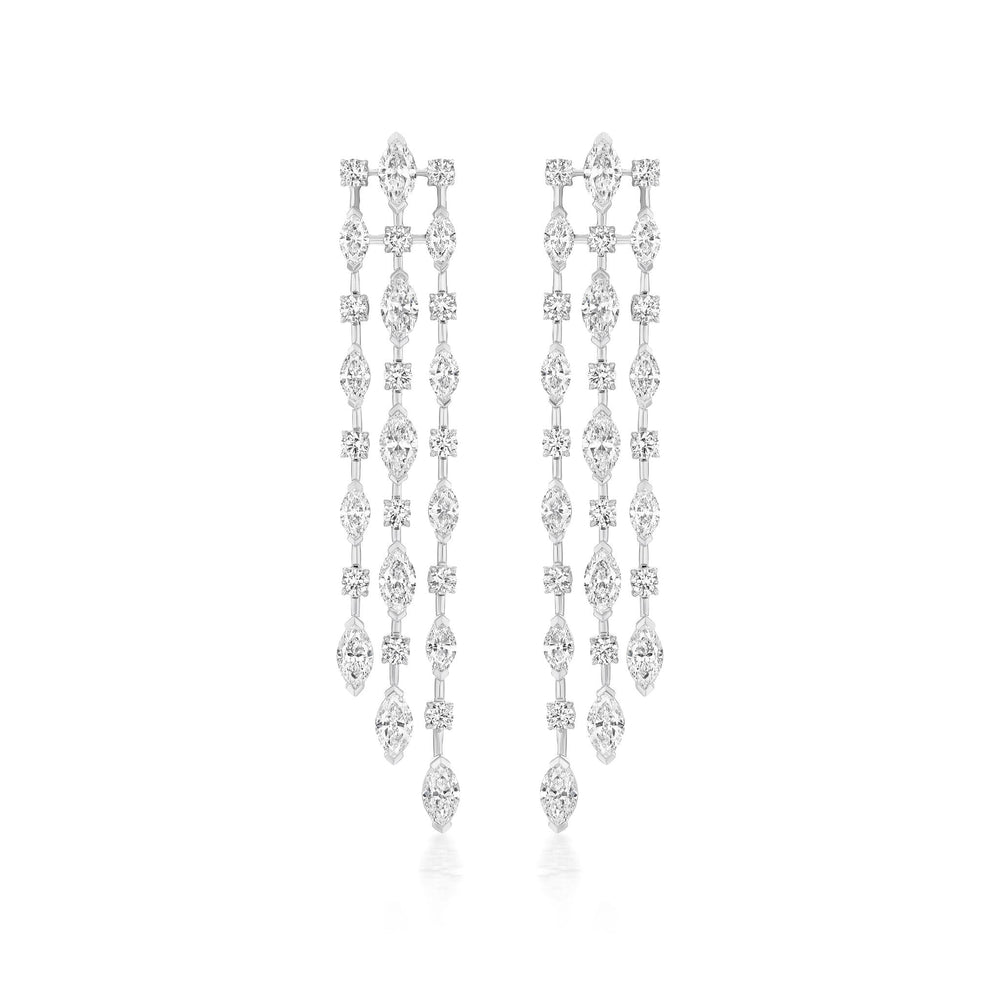 The Mixed Shape Diamond Waterfall Earrings in white gold showcase three vertical rows of sparkling diamonds, elegantly dangling and set against a white background.