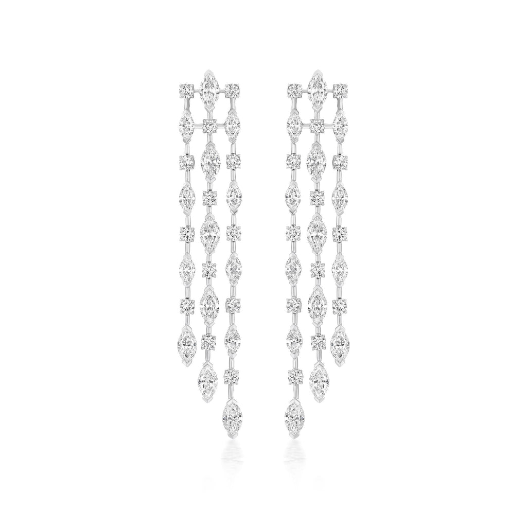 The Mixed Shape Diamond Waterfall Earrings in white gold showcase three vertical rows of sparkling diamonds, elegantly dangling and set against a white background.