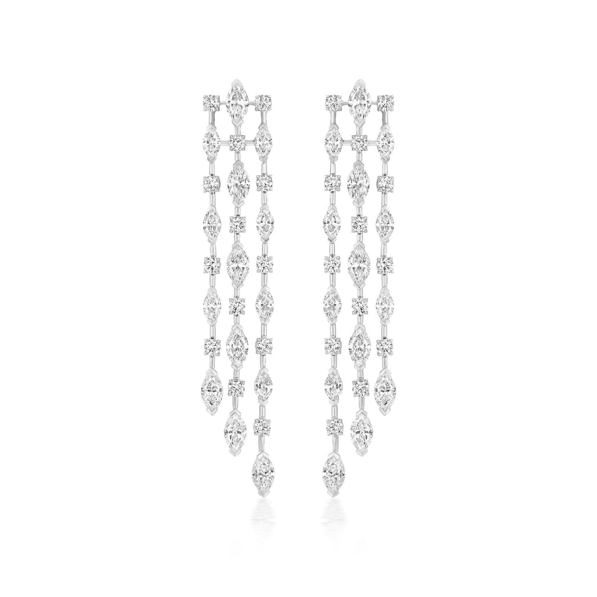 The Mixed Shape Diamond Waterfall Earrings in white gold showcase three vertical rows of sparkling diamonds, elegantly dangling and set against a white background.