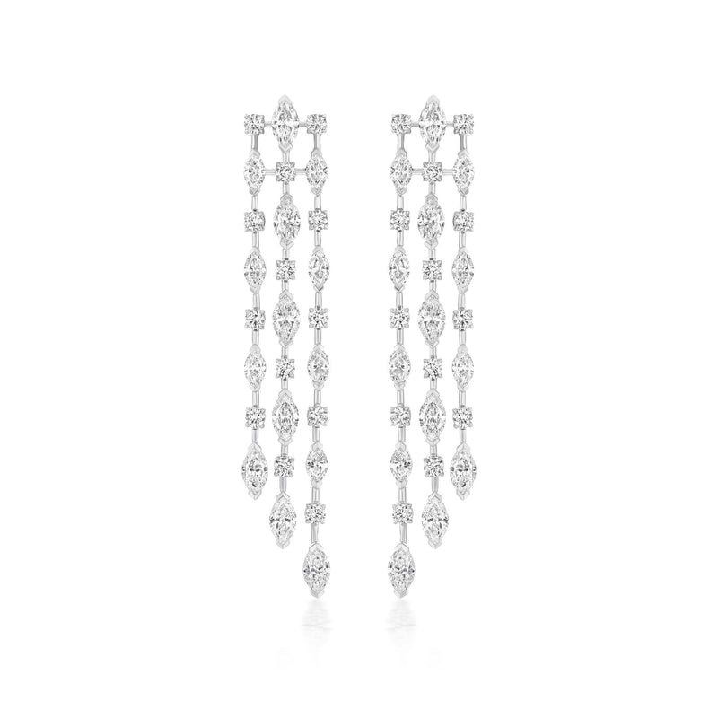 The Mixed Shape Diamond Waterfall Earrings in white gold showcase three vertical rows of sparkling diamonds, elegantly dangling and set against a white background.