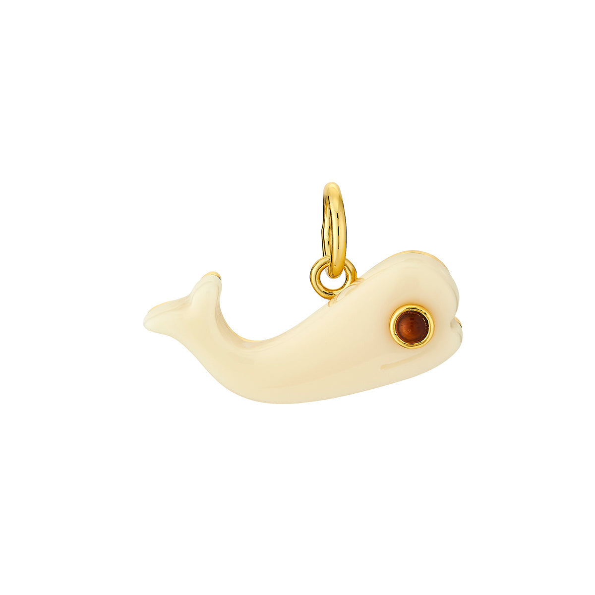 Side view of Ivory Moby whale charm with faux ivory, tiger’s eye stone eye, and 14K gold-dipped bail on white background