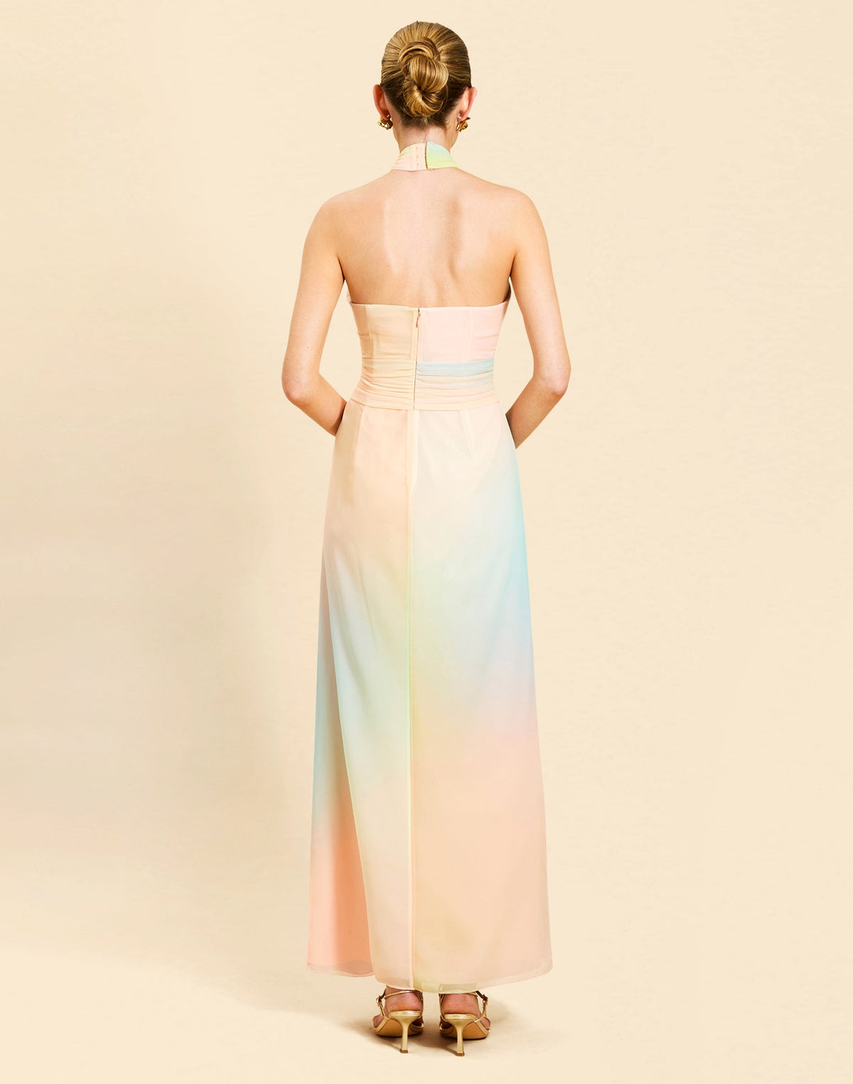 Mojito Halter Gown in Sorbet Haze chiffon with crossed halter neckline, wrapped bodice, and draped front detail.