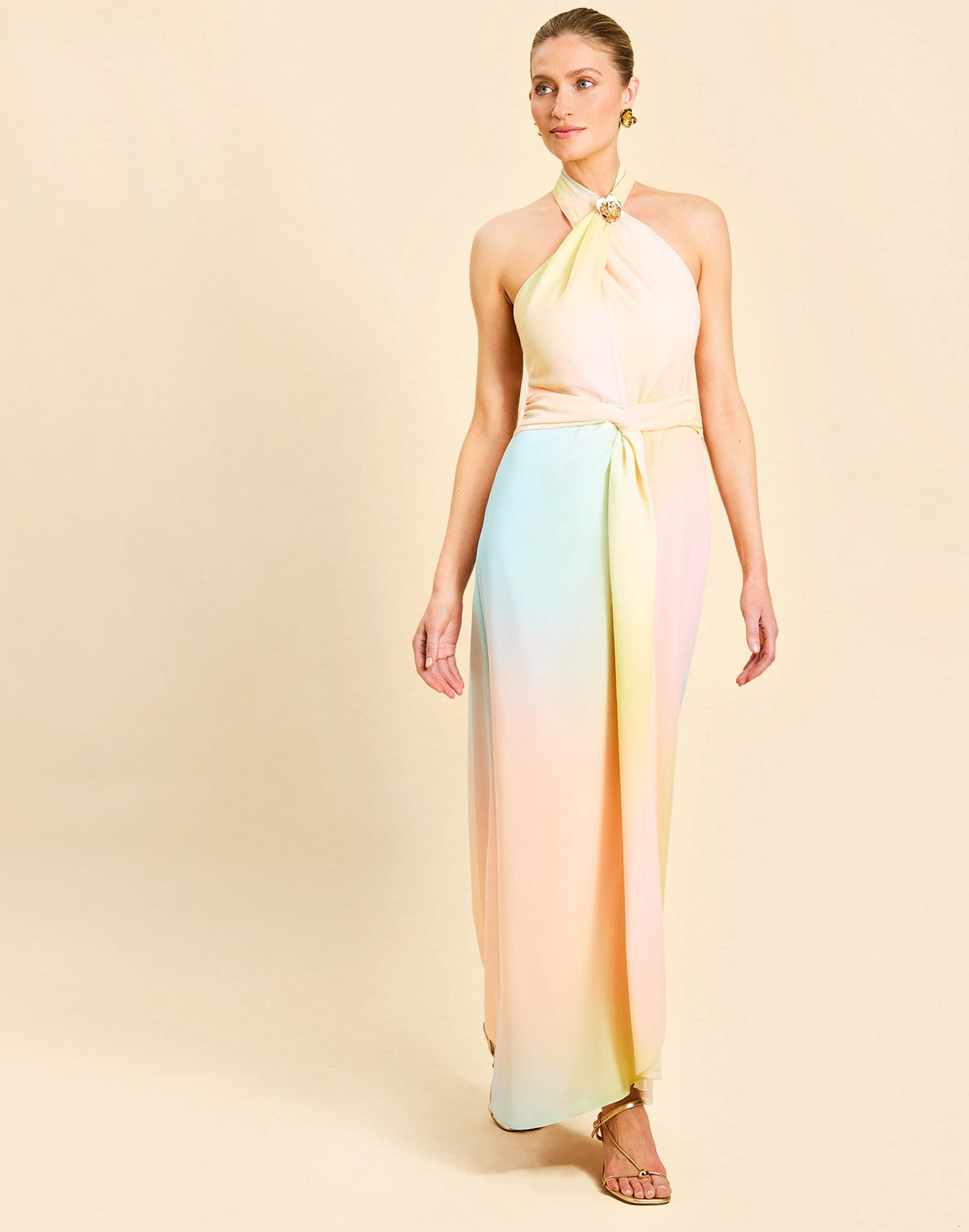 Mojito Halter Gown in Sorbet Haze chiffon with crossed halter neckline, wrapped bodice, and draped front detail.