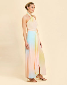 Mojito Halter Gown in Sorbet Haze chiffon with crossed halter neckline, wrapped bodice, and draped front detail.