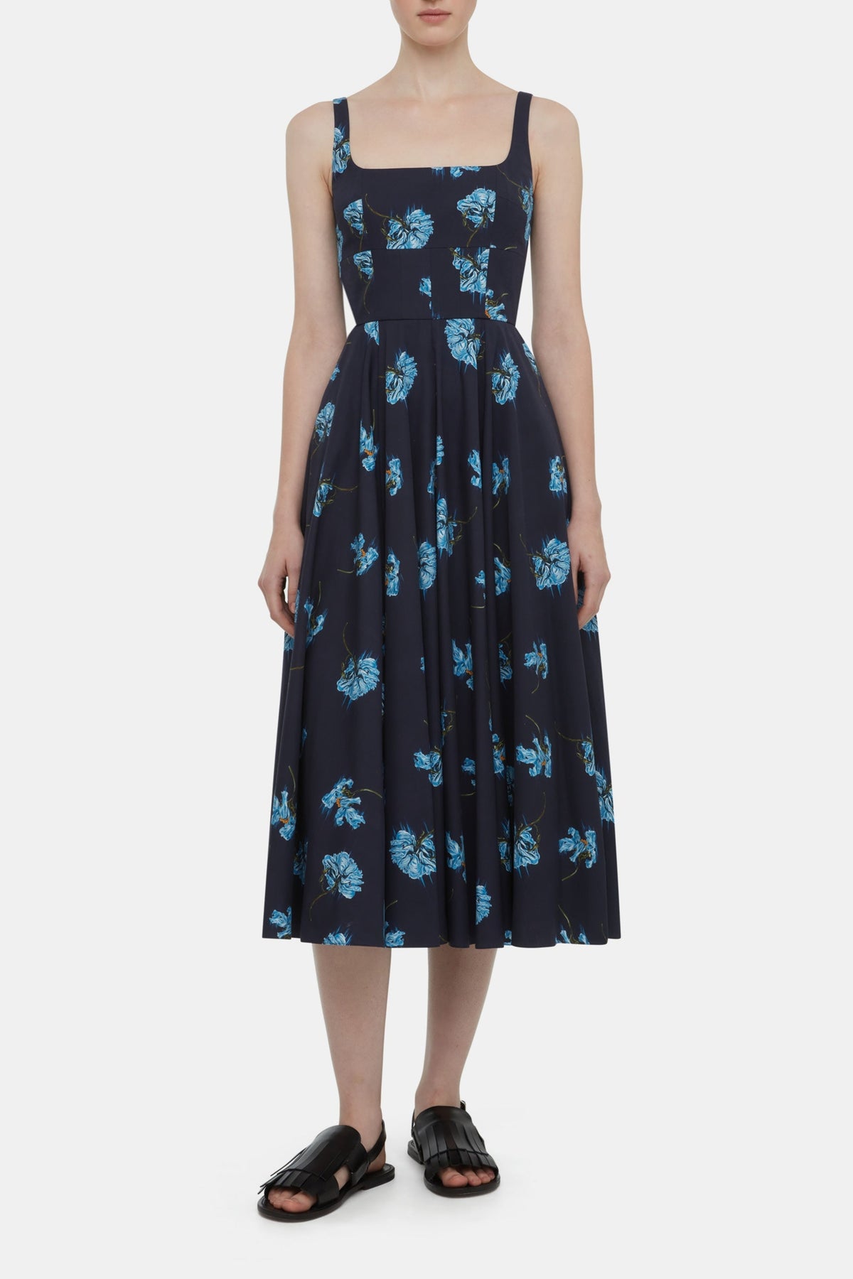 Mona Dress with Blue Flowers on Navy Cotton | Emilia Wickstead