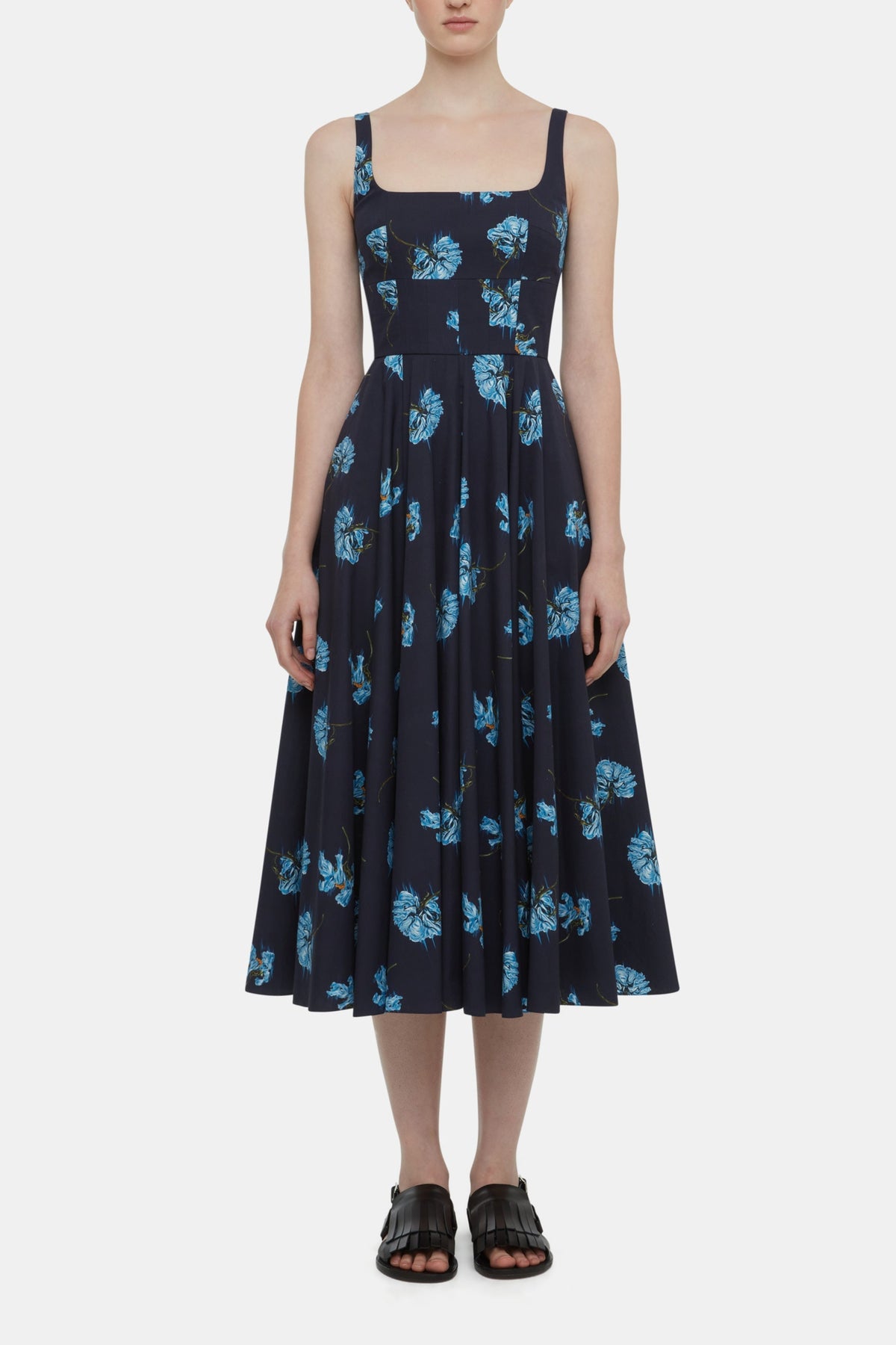 Mona Dress with Blue Flowers on Navy Cotton | Emilia Wickstead