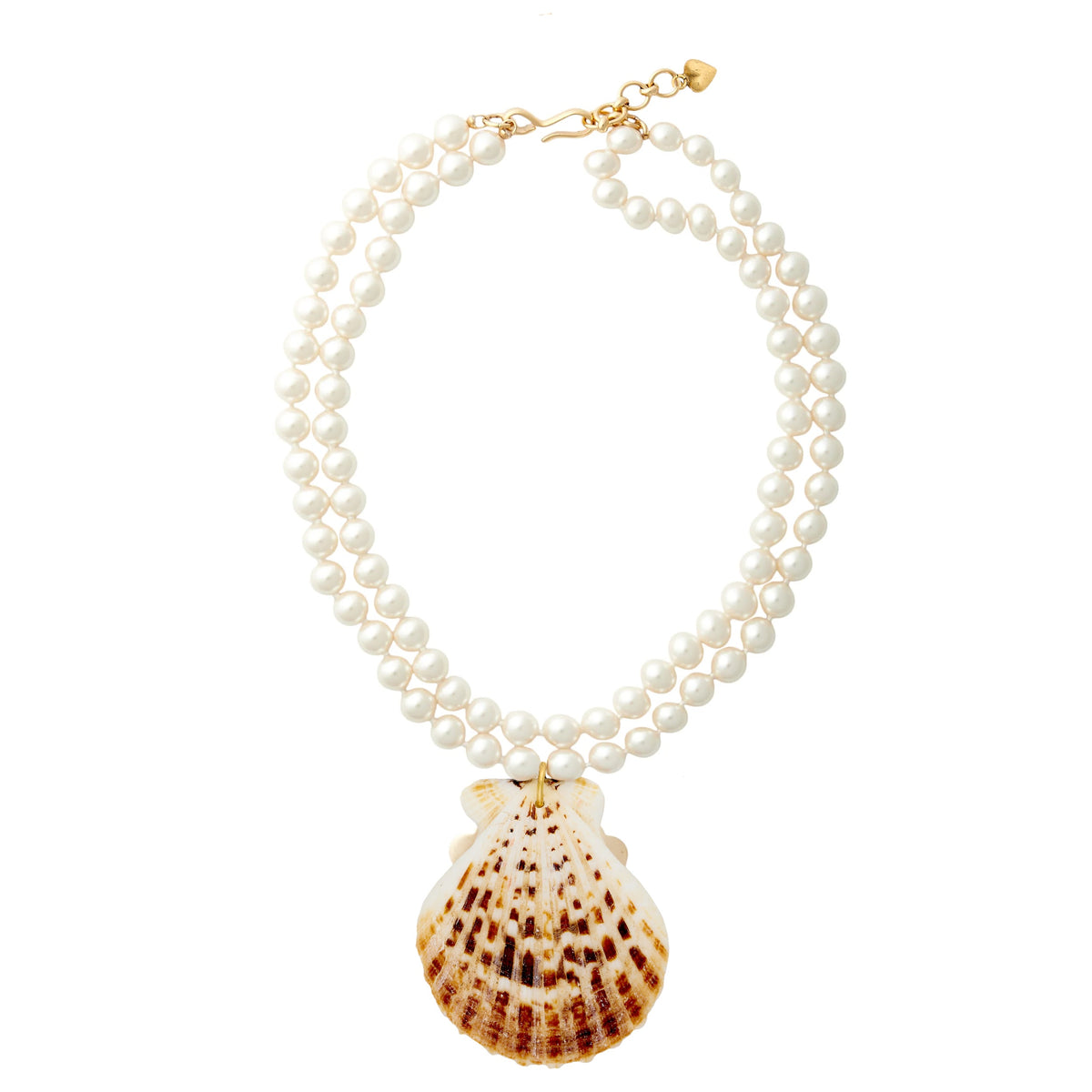 Front view of Monaco Necklace showcasing double strand knotted glass pearls with scallop shell pendant on white background