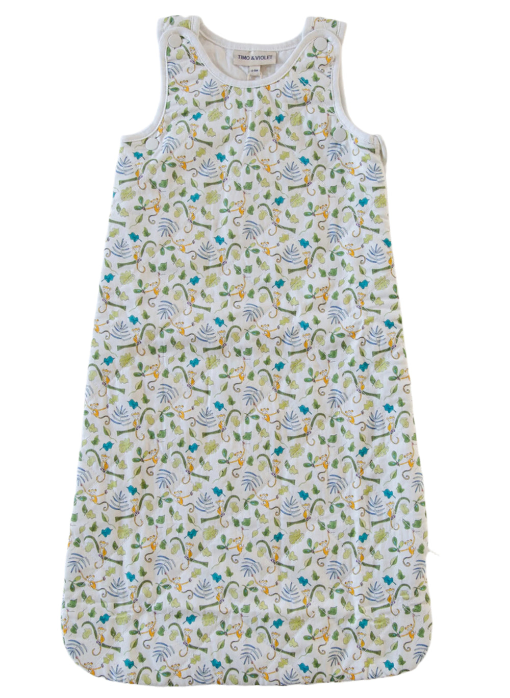 Front view of Happy Monkey sleep sack showcasing sleeveless design, shoulder snap closures, and all-over monkey-and-leaf print on white background