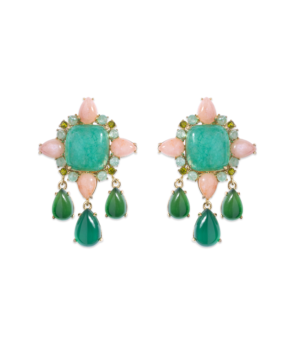 Front view of Montrose Earrings showcasing dyed jade, dark green agate, and dangling stones on a black background