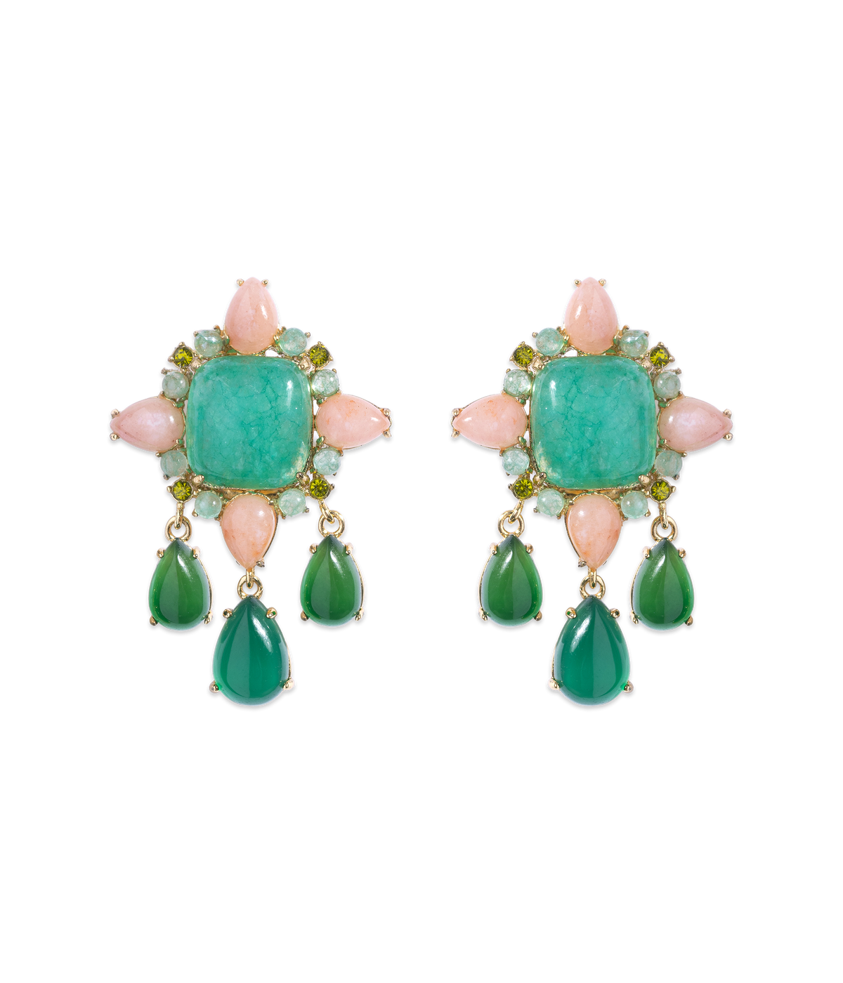 Front view of Montrose Earrings showcasing dyed jade, dark green agate, and dangling stones on a black background