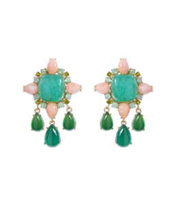 Front view of Montrose Earrings showcasing dyed jade, dark green agate, and dangling stones on a black background