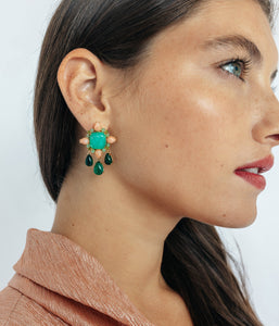 Side view of Montrose Earrings showcasing dangling green dyed jade and dark green agate stones on a model