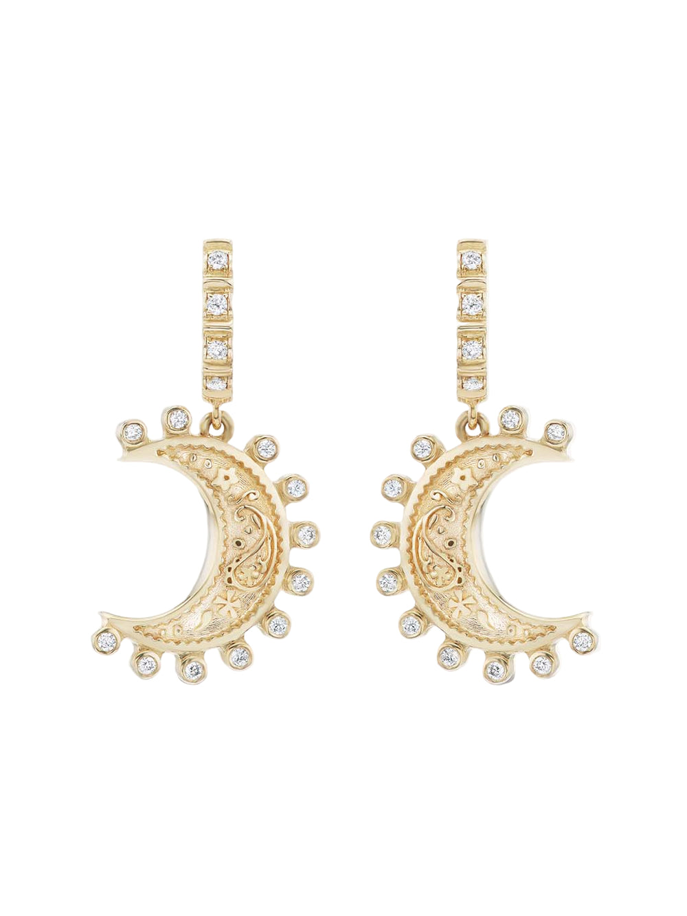 Front view of 14k yellow gold crescent moon earrings with engraved details and bezel-set diamonds on white background