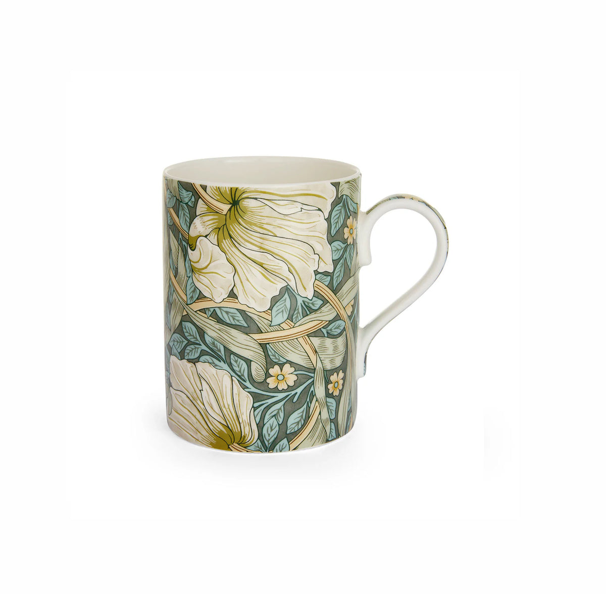 Front view of Morris & Co. Mug in Pimpernel, set of 6, showcasing cream and green tulip leaves and flowers on white