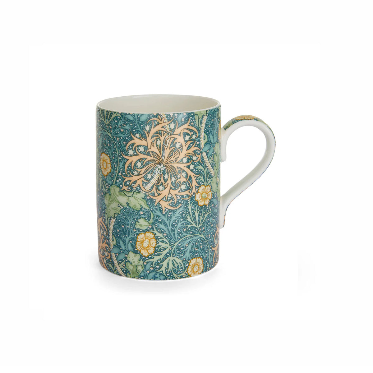 Front view of Morris and Co. Mug in Seaweed Seaglass set of 6 showcasing ornate botanical pattern with white background