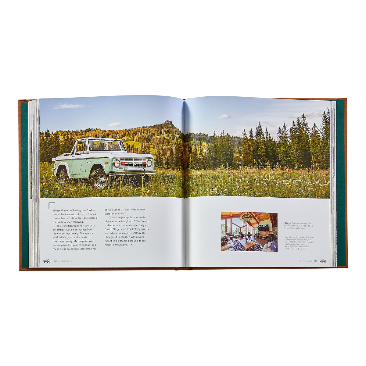 Overhead view of Mountain Rides hardcover book showcasing a vintage 4x4 in a mountain meadow on white background