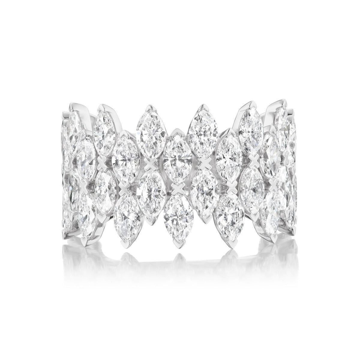The Multi Tier Marquise Diamond Eternity Band in white gold features two rows of sparkling SI clarity diamonds in a symmetrical, floral-inspired design, showcased against a white background.