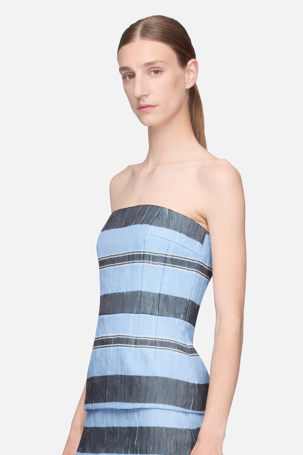 Munveen Top in Blue & Black Striped Textured Organza
