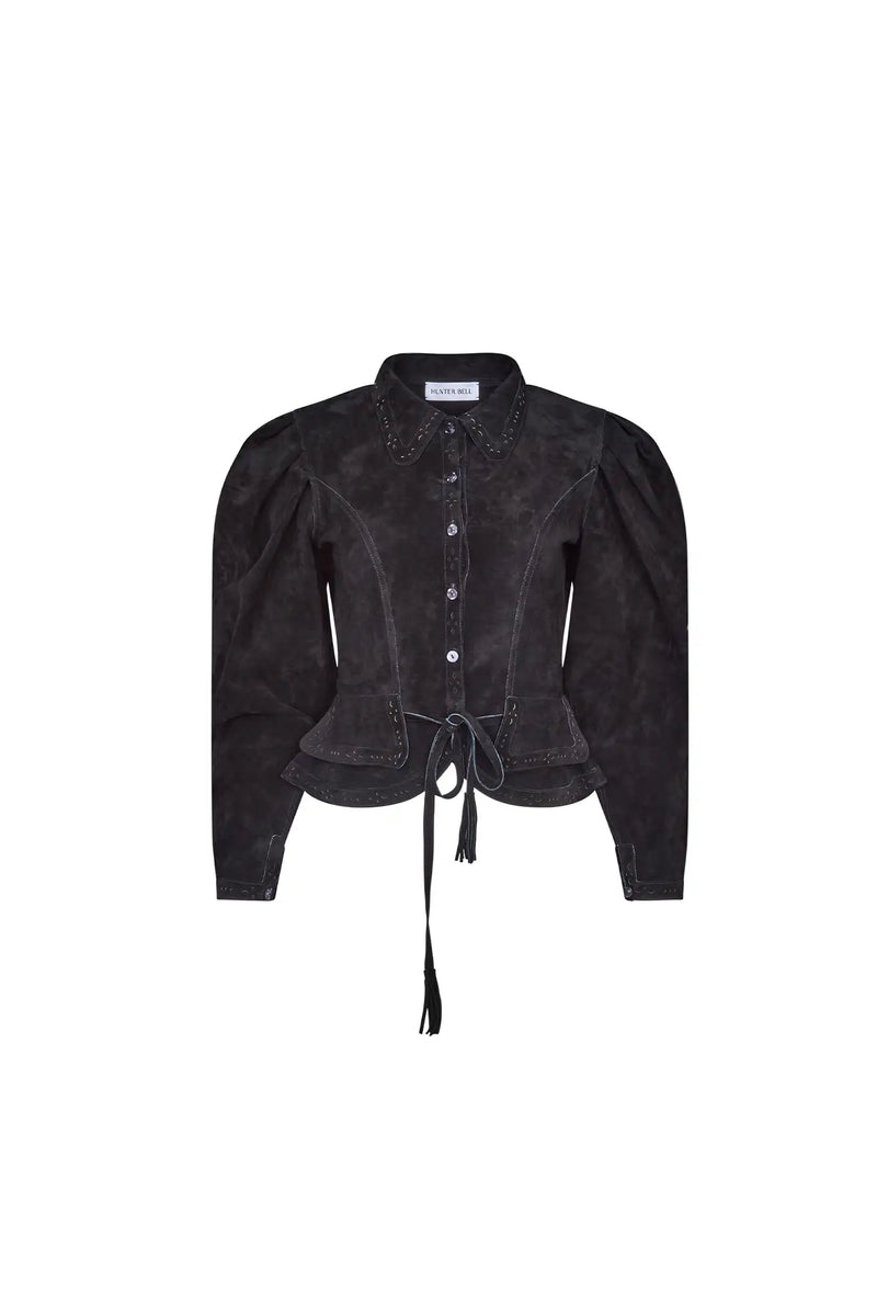 The Murphey Jacket has a button front, long sleeves with button cuffs, and a waist cinched by a belt