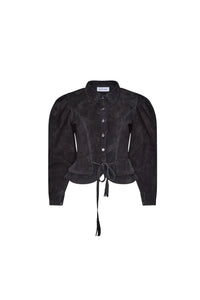 The Murphey Jacket has a button front, long sleeves with button cuffs, and a waist cinched by a belt