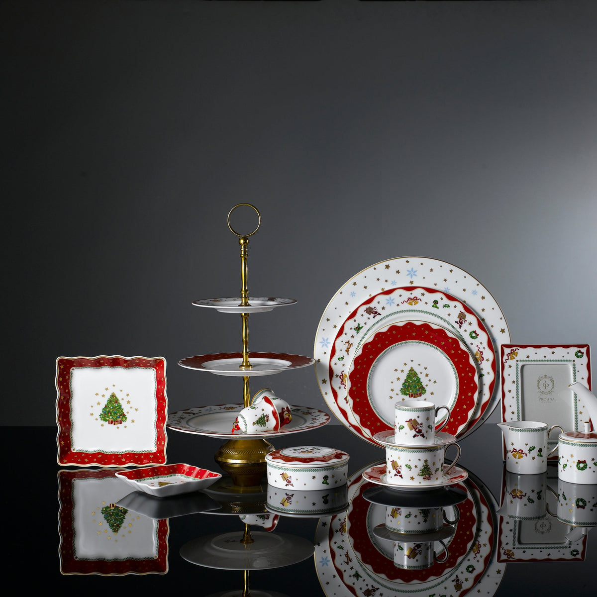 Front view of My Noel 9 inch Lace Square Tray with red holiday border and Christmas tree motif among matching tableware