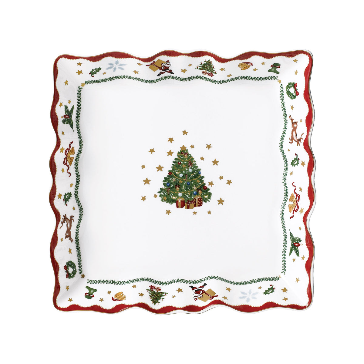 Top view of My Noel 9 inch Lace Square Tray showcasing a Christmas tree, gold star and red border decorations with a white background