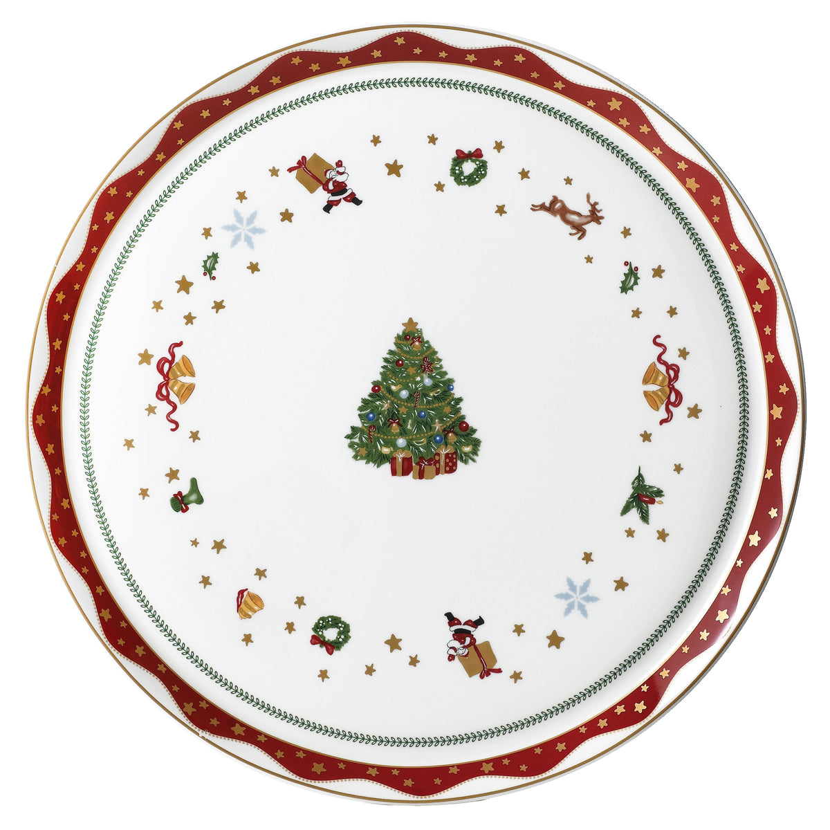 Top view of Prouna My Noel Large Round Platter showcasing festive Christmas design and 24K gold accents on white background