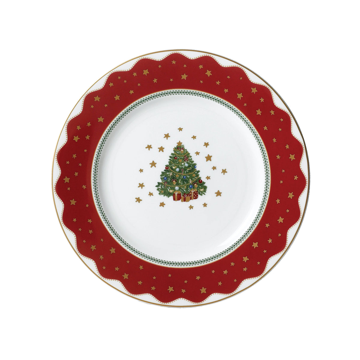 Top-down view of My Noel salad and dessert plate showcasing a central decorated Christmas tree, green laurel inner border, red scalloped rim with gold stars and gold trim on white background