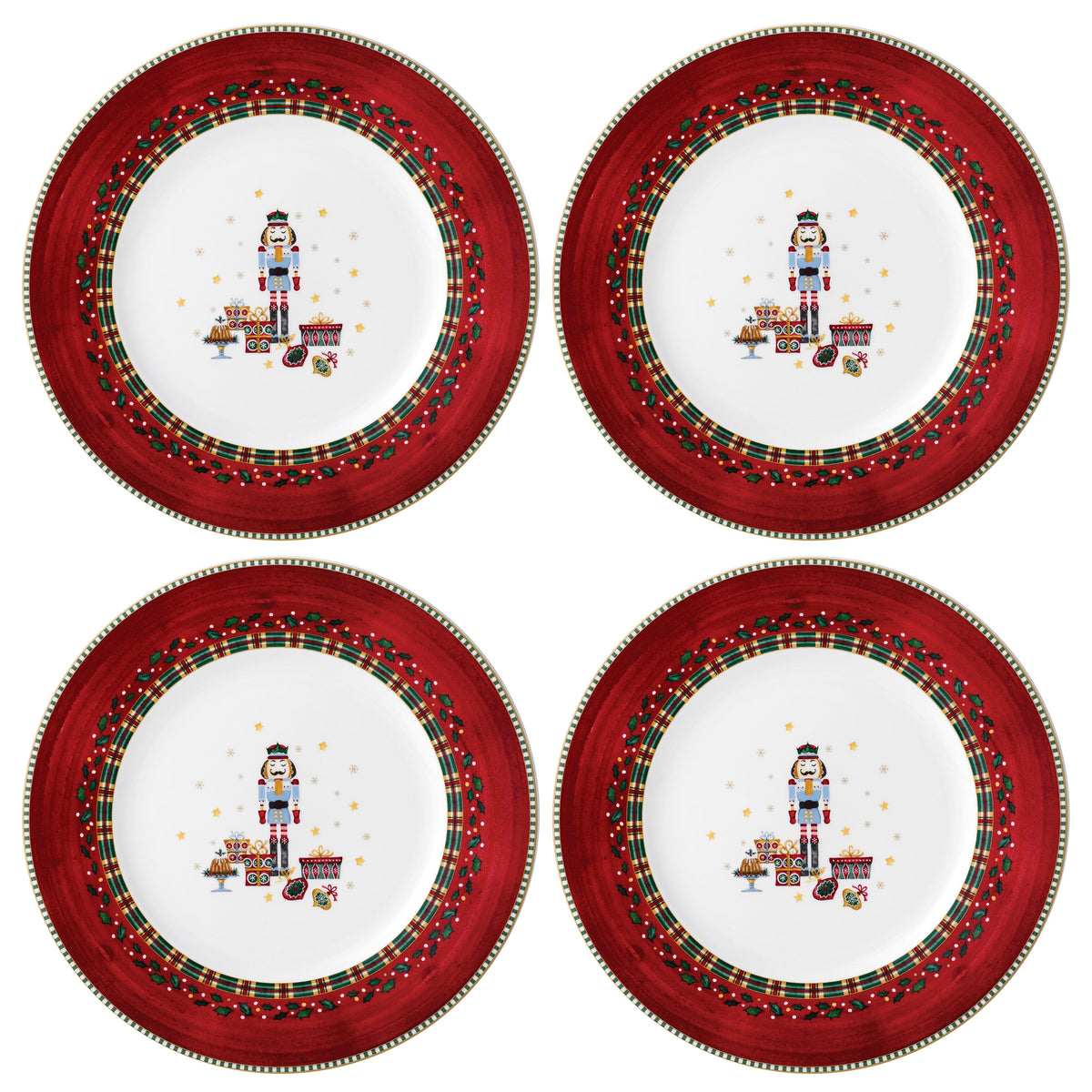 Front view of Nutcracker Salad / Dessert Plate set of 4 with red rims, plaid bands, holly, and nutcracker scenes on white