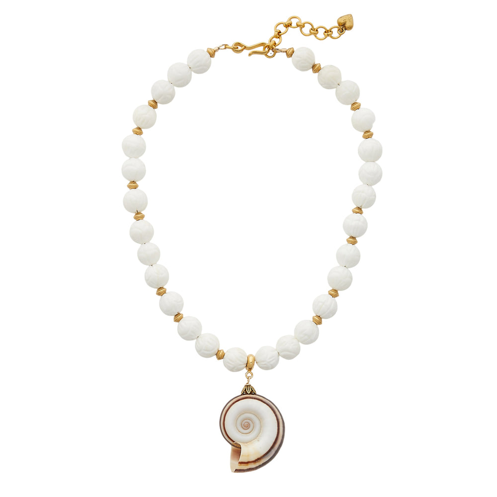 Front view of Mykonos Necklace showcasing natural hand carved shell beads, striped snail shell pendant, and 24K gold-plated chain