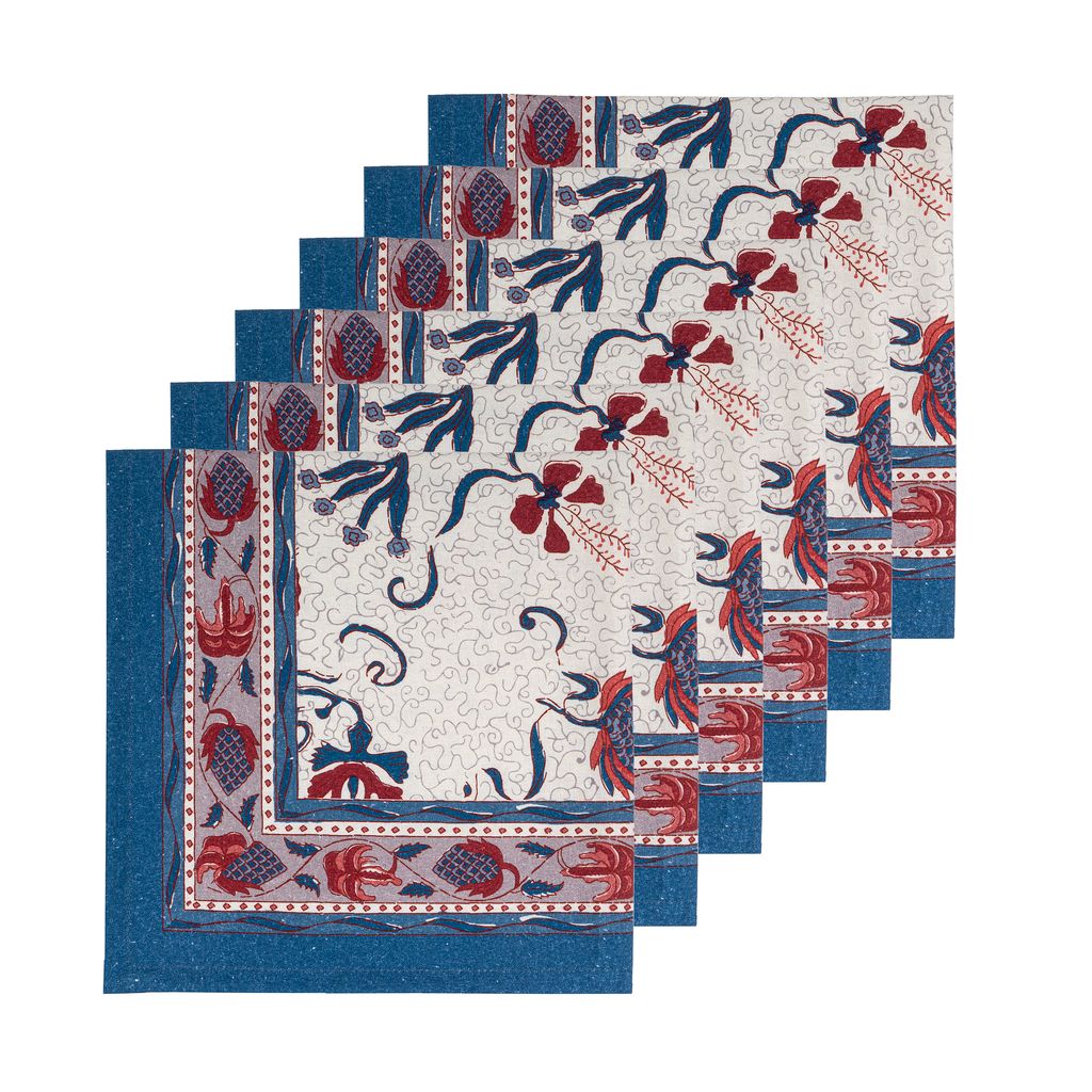 Fleur Des Indes Napkins in Blue & Red, Set of 6