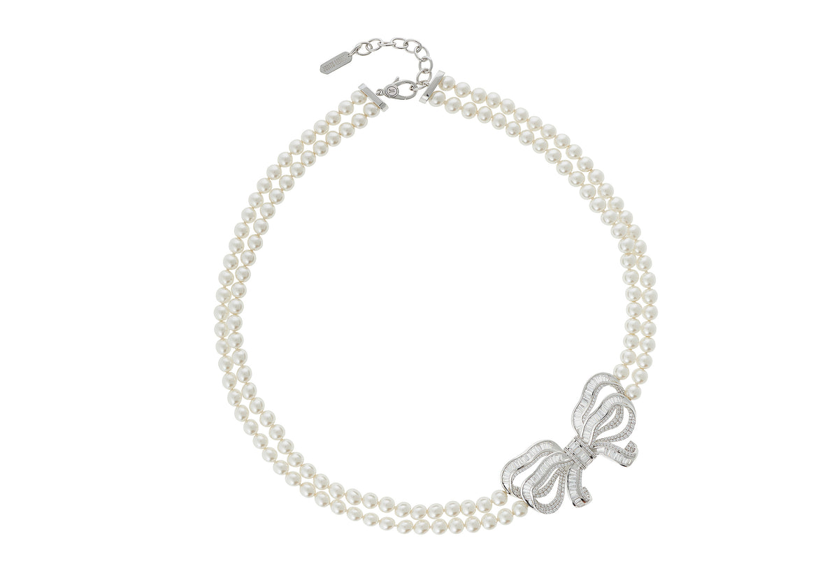 Bow Double Pearl Strand Necklace