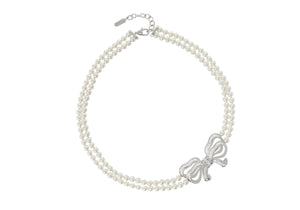 Bow Double Pearl Strand Necklace