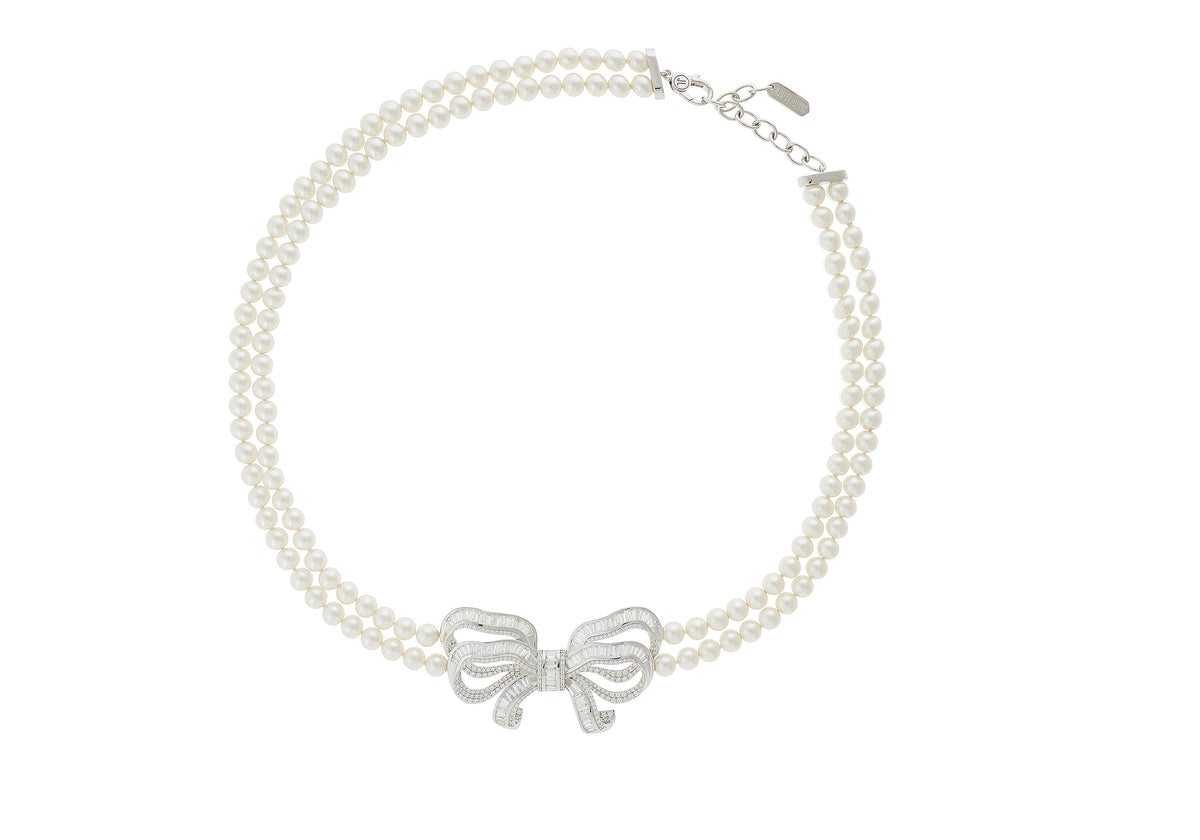 Bow Double Pearl Strand Necklace