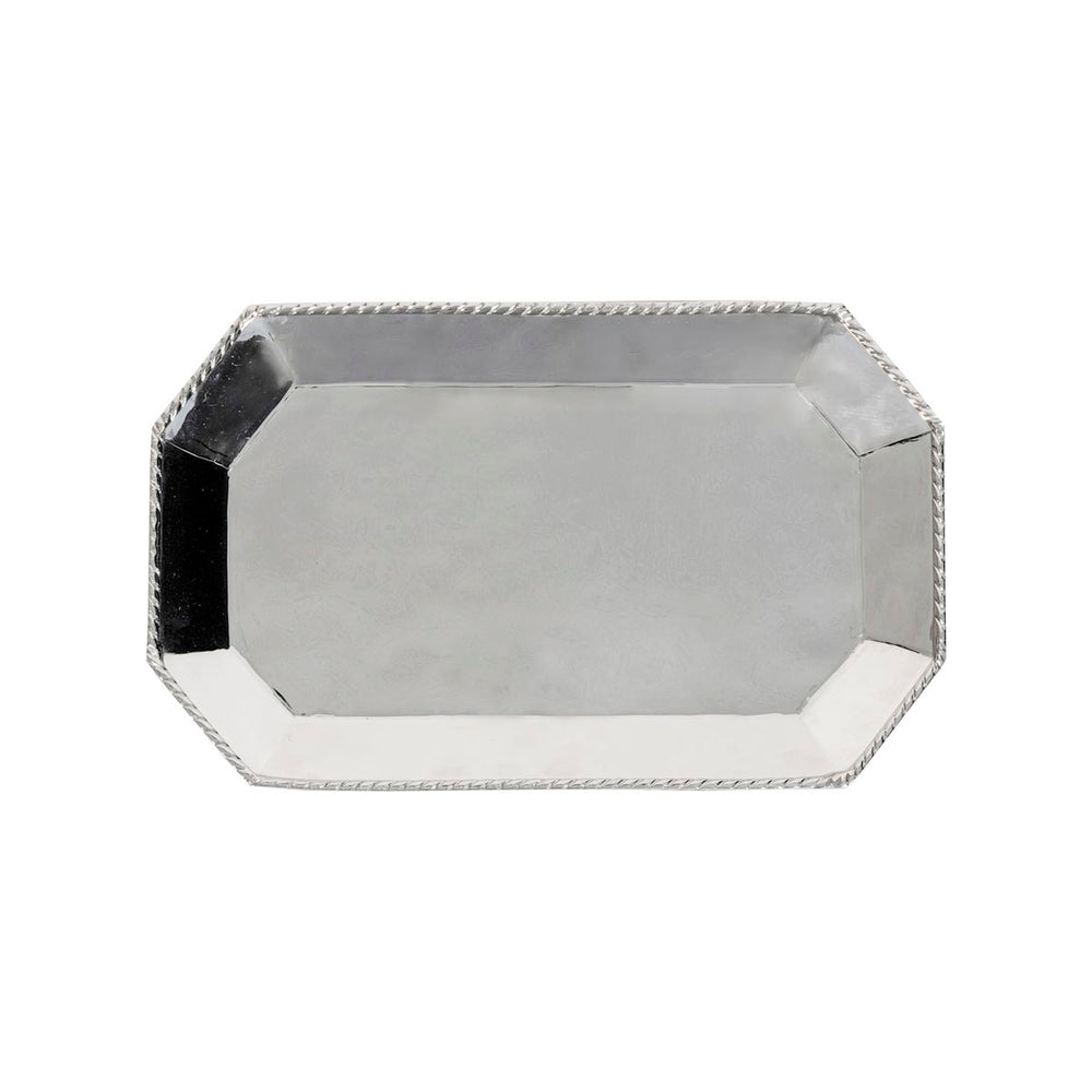 Top view of Graham Small Octagonal Tray showing stainless steel finish, light hammered texture, and twisted rope edge on white background