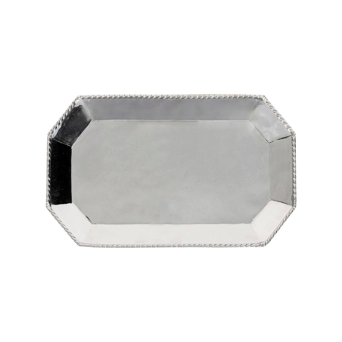 Top view of Graham Small Octagonal Tray showing stainless steel finish, light hammered texture, and twisted rope edge on white background