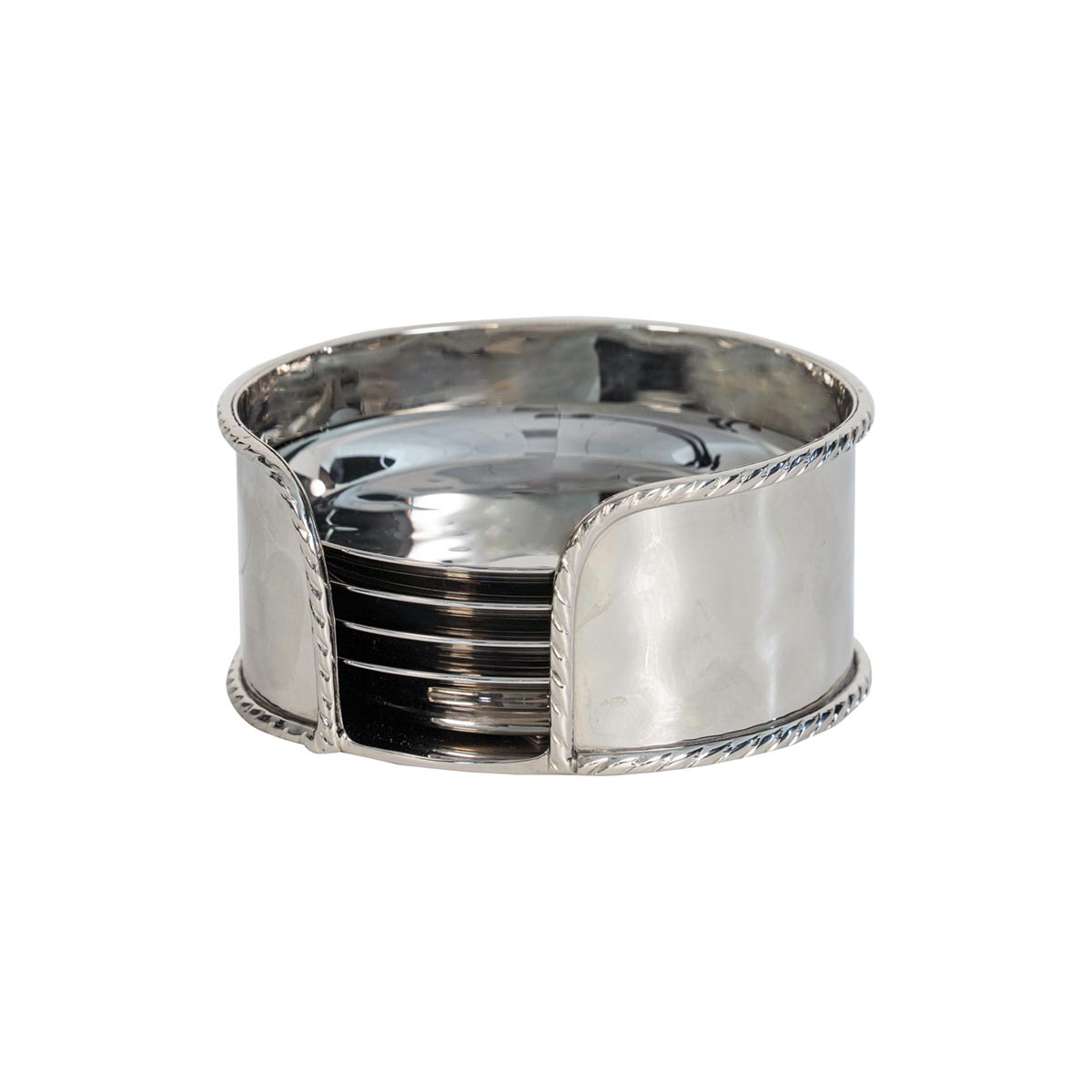 Front view of Graham coasters in stainless steel with lightly hammered finish and rope-edged holder on white background