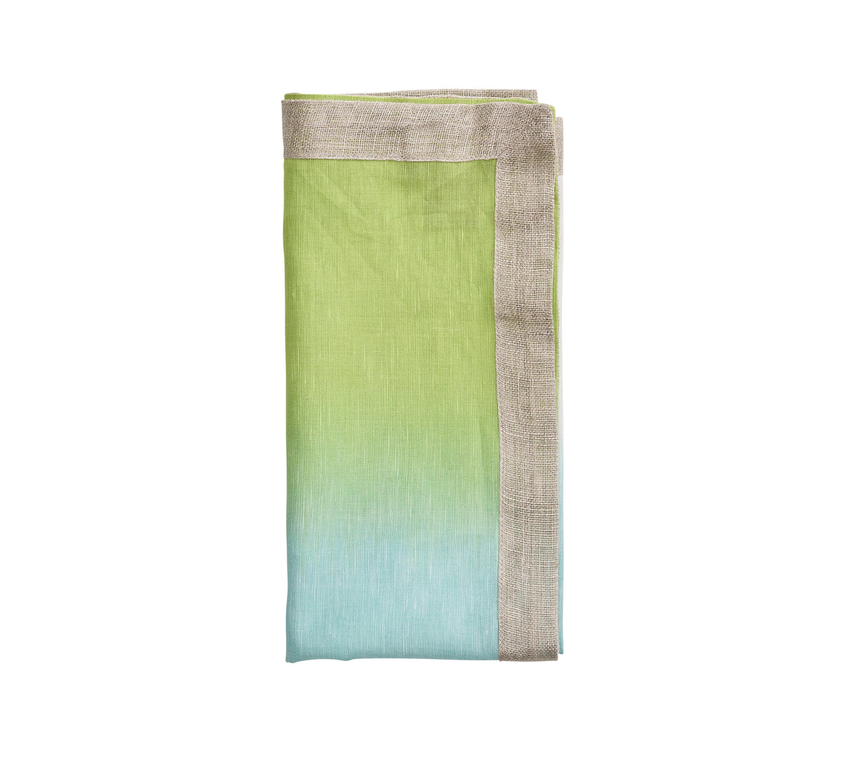Close-up of Dip Dye Napkin in Blue & Green, Set of 4 showcasing ombré linen and metallic embroidered border on white