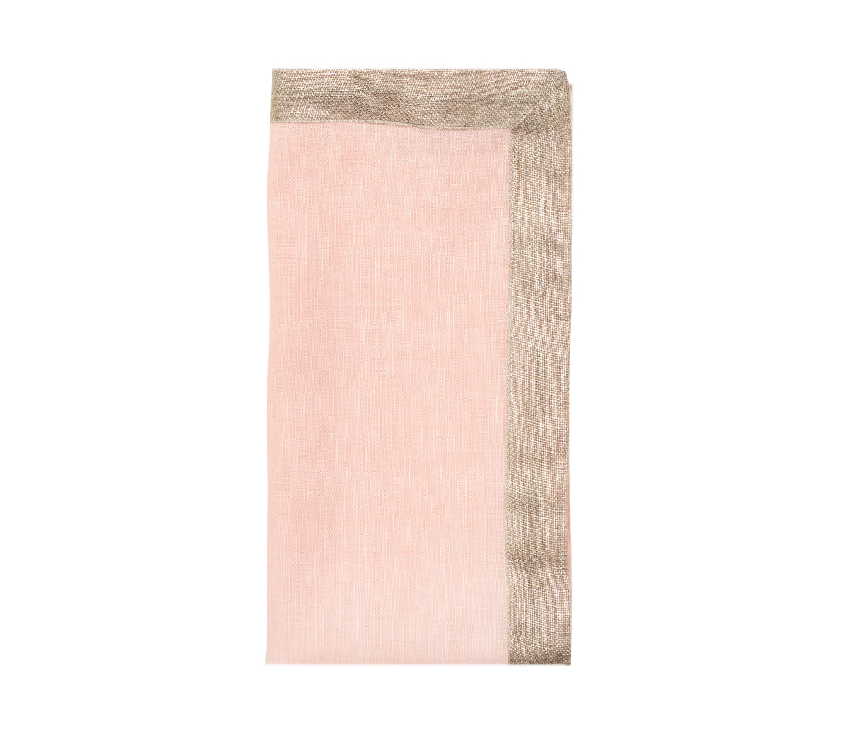 Folded front view of Dip Dye Napkin in blush and gold showcasing pink linen with metallic gold foil border on white background