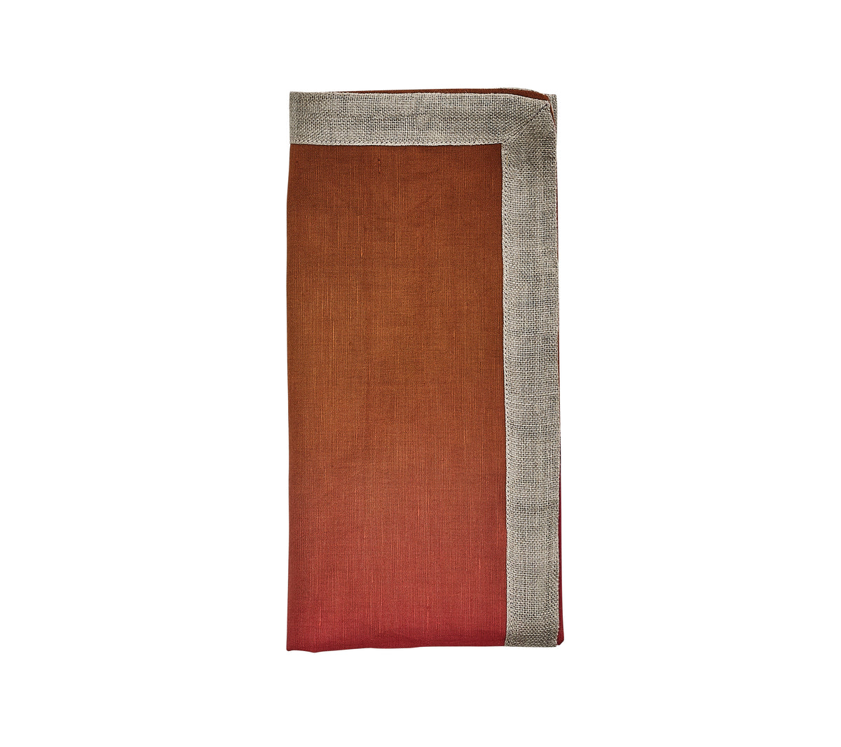 Folded Dip Dye linen napkin showing cranberry-to-orange ombre and metallic embroidered border on white background