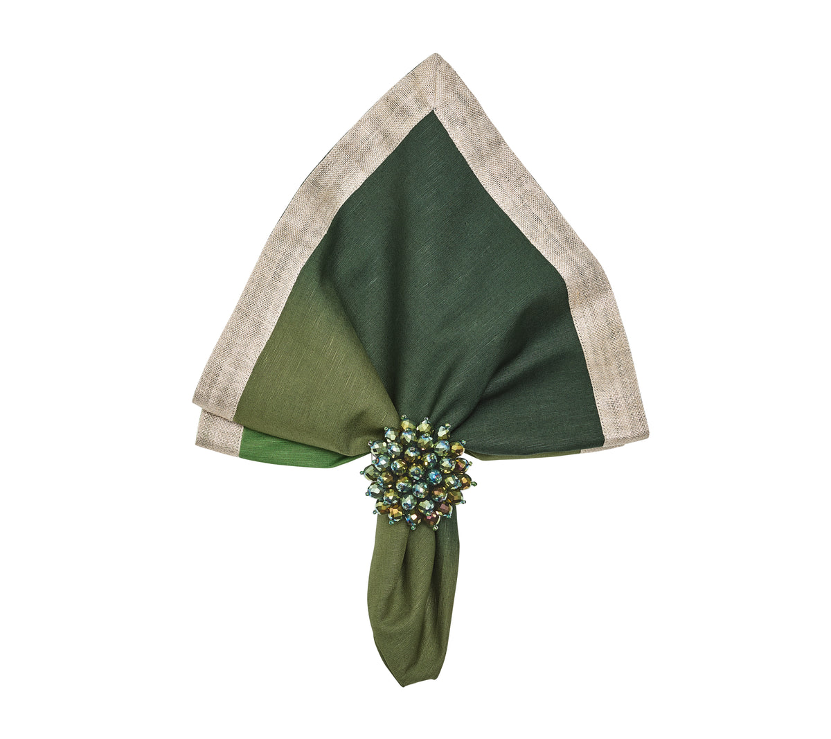 Folded dip-dye linen napkin in olive and green showing ombre shading and metallic foil border with jeweled ring on white