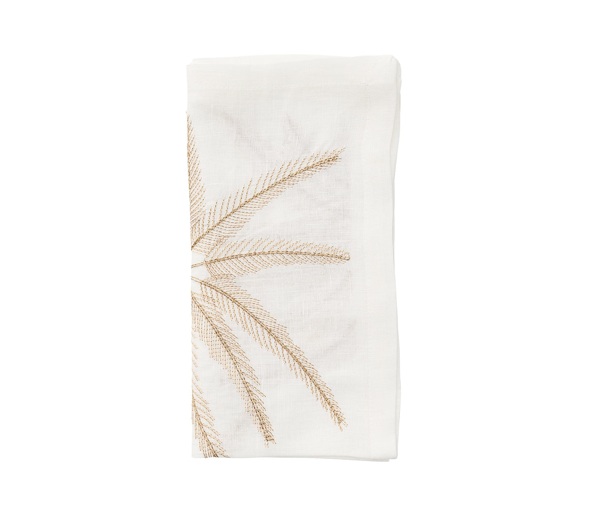 Close-up of Palm Coast Napkin in White, Natural and Gold, set of 4 showcasing gold palm embroidery on folded white linen