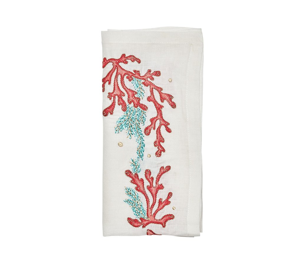 Kim Seybert, Inc.Coral Spray Napkin in White, Coral & Turquoise, Set of 4Napkins