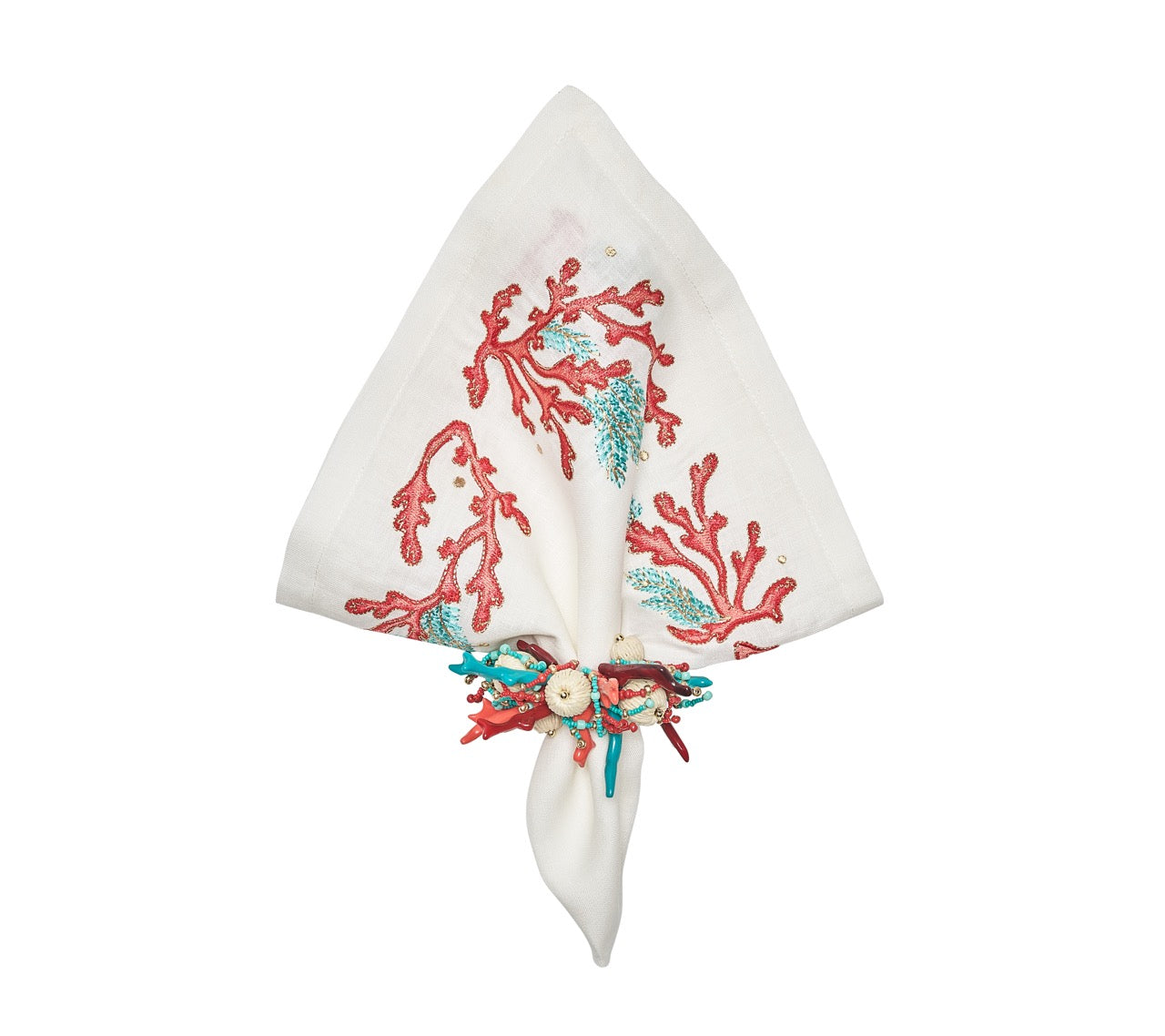 Coral Spray Napkin in White, Coral & Turquoise, Set of 4